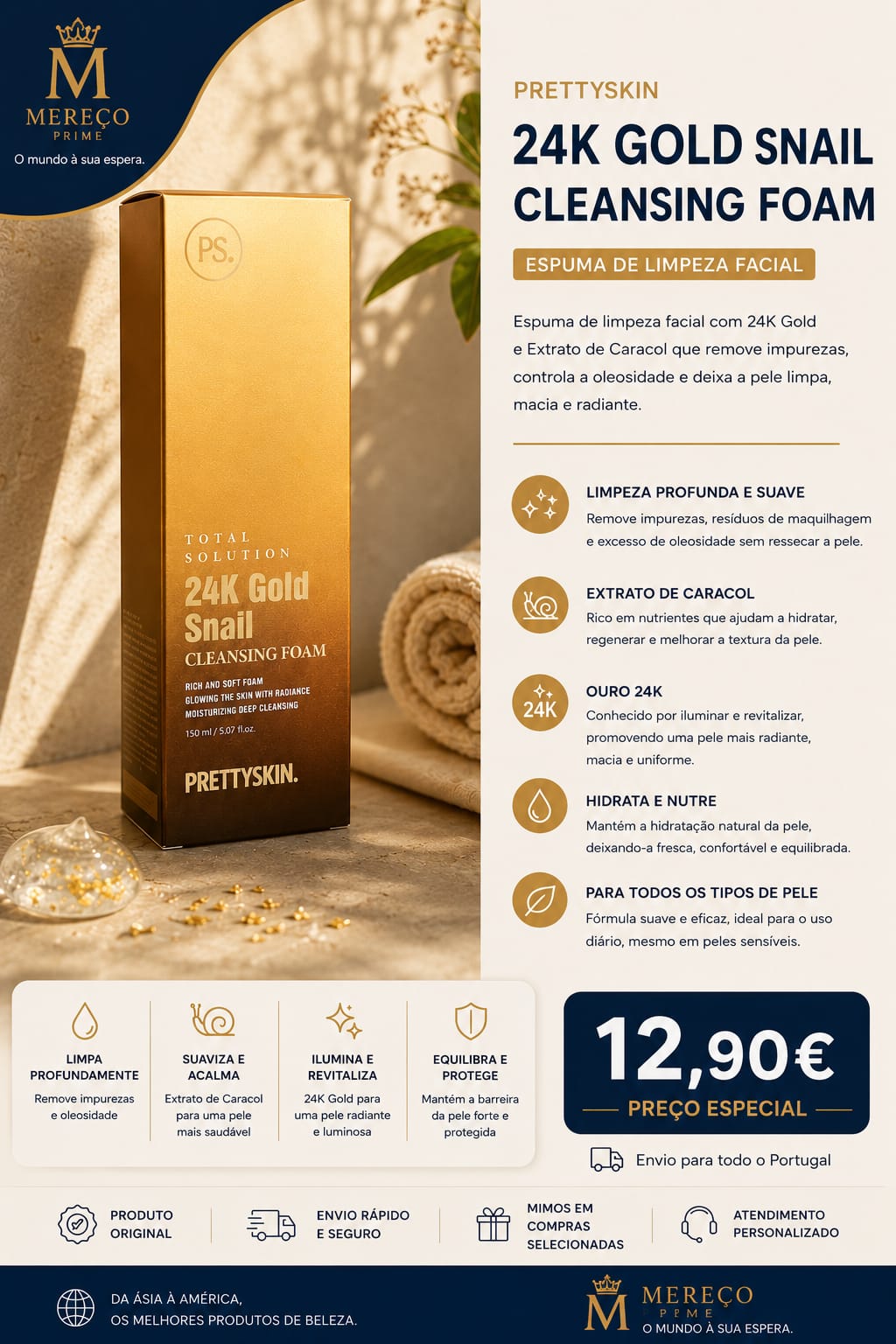Espuma Facial 24K Gold & Caracol – PrettySkin